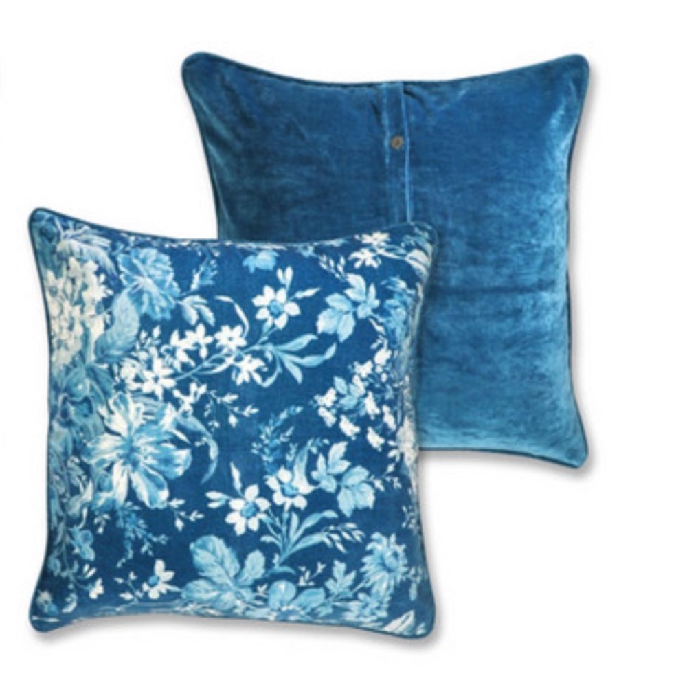 April Cornell sapphire Eternal Rose 20" square velvet pillow cover button back